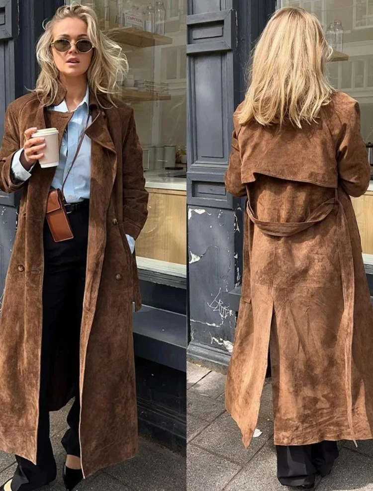 

Осенний женский длинный плащ из искусственной замши 2025 года | Двубортное пальто с поясом и лацканами | Модная ветровка High Street