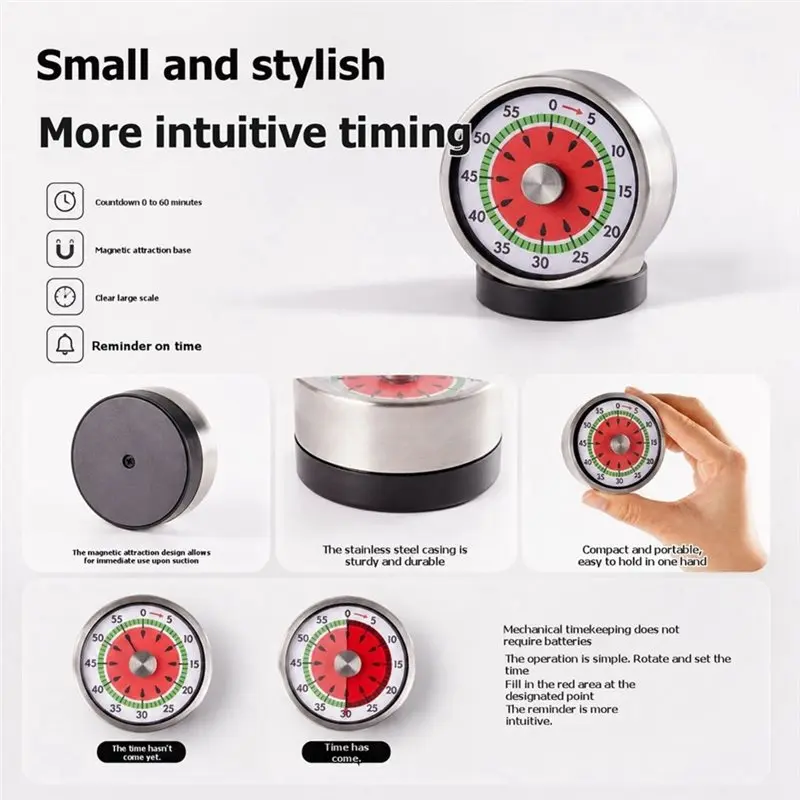 WCS-Mechanical Timer 60-Minutes Watermelon Pattern Magnetic Attraction For Kitchen Cooking Baking Sports Studying Kids