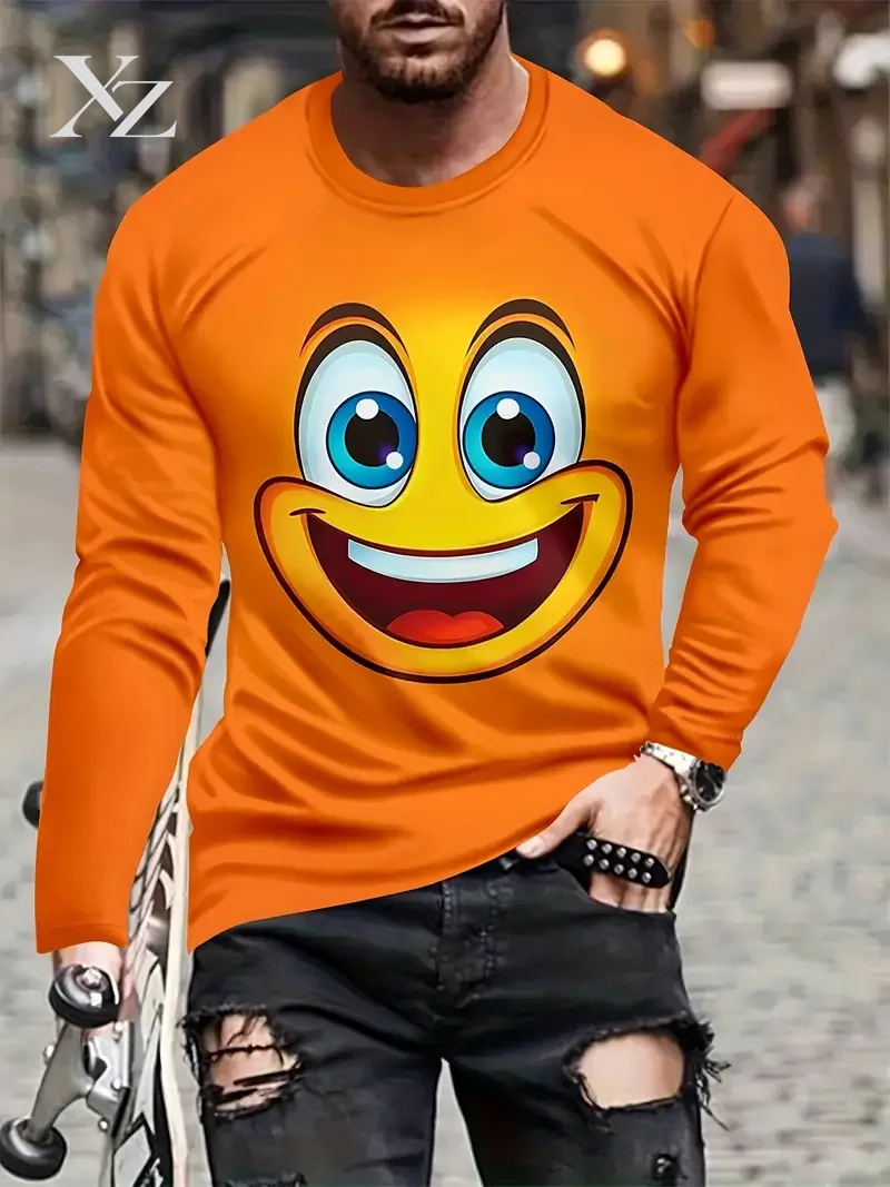 Premium Men's Cartoon Humor 3D Print Long Sleeve T-Shirt Funny Expression Face Tee Casual Crew Neck Loose Fit Tops for Men