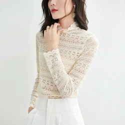 Women Long Sleeve Hollow Lace T-shirts Solid Color Turtleneck Sexy Transparent Top Thin Bottoming Shirt S-2XL Blouses Female