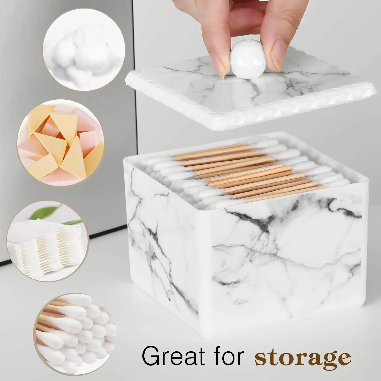 Luxspire Cotton Swab Storage Box with Lid Q-Tip Swab Holder Cotton Ball Canister Jar Cotton Bud Round Dispenser Box for Bathroom