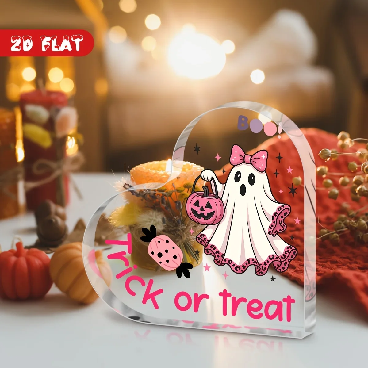 Leopard Trim Ghost Heart Acrylic Sign, Halloween Candy Pumpkin Bucket Tabletop Ornament