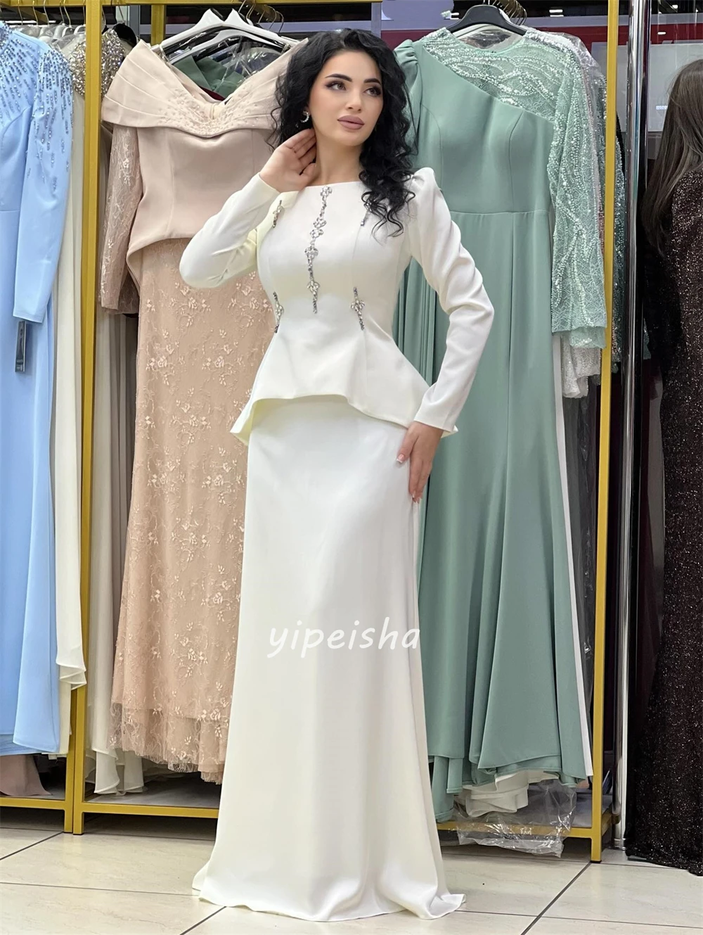 Customized High Quality Formal Jersey Rhinestone Ruched Mermaid Scoop Neck Long Dresses Evening Dresses Modern Style Matching