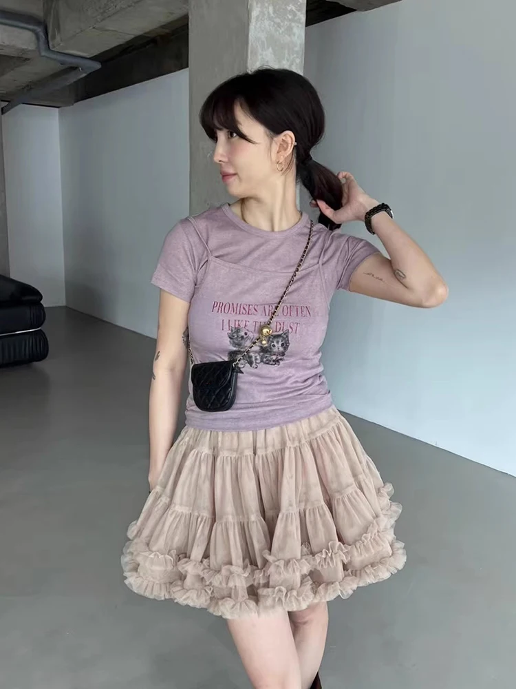 

Wedbleser Korean Chic Summer Cute High Waist Slimming Patchwork Black Fungus Edge Mesh Fluffy Cake Half Skirts Women