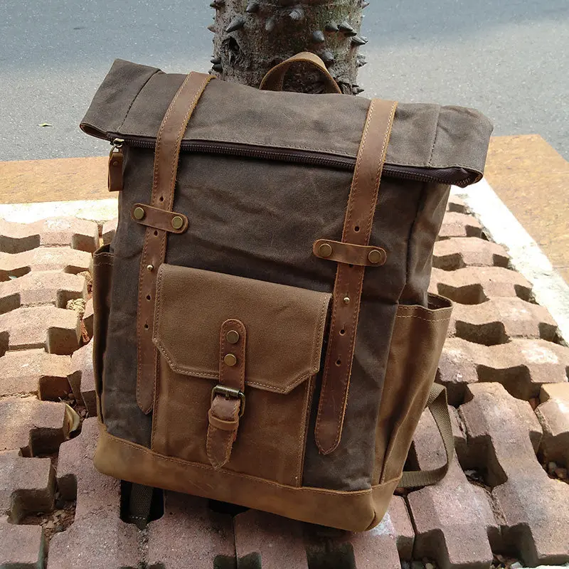

Waterproof canvas leather retro street travel bag casual computer backpack