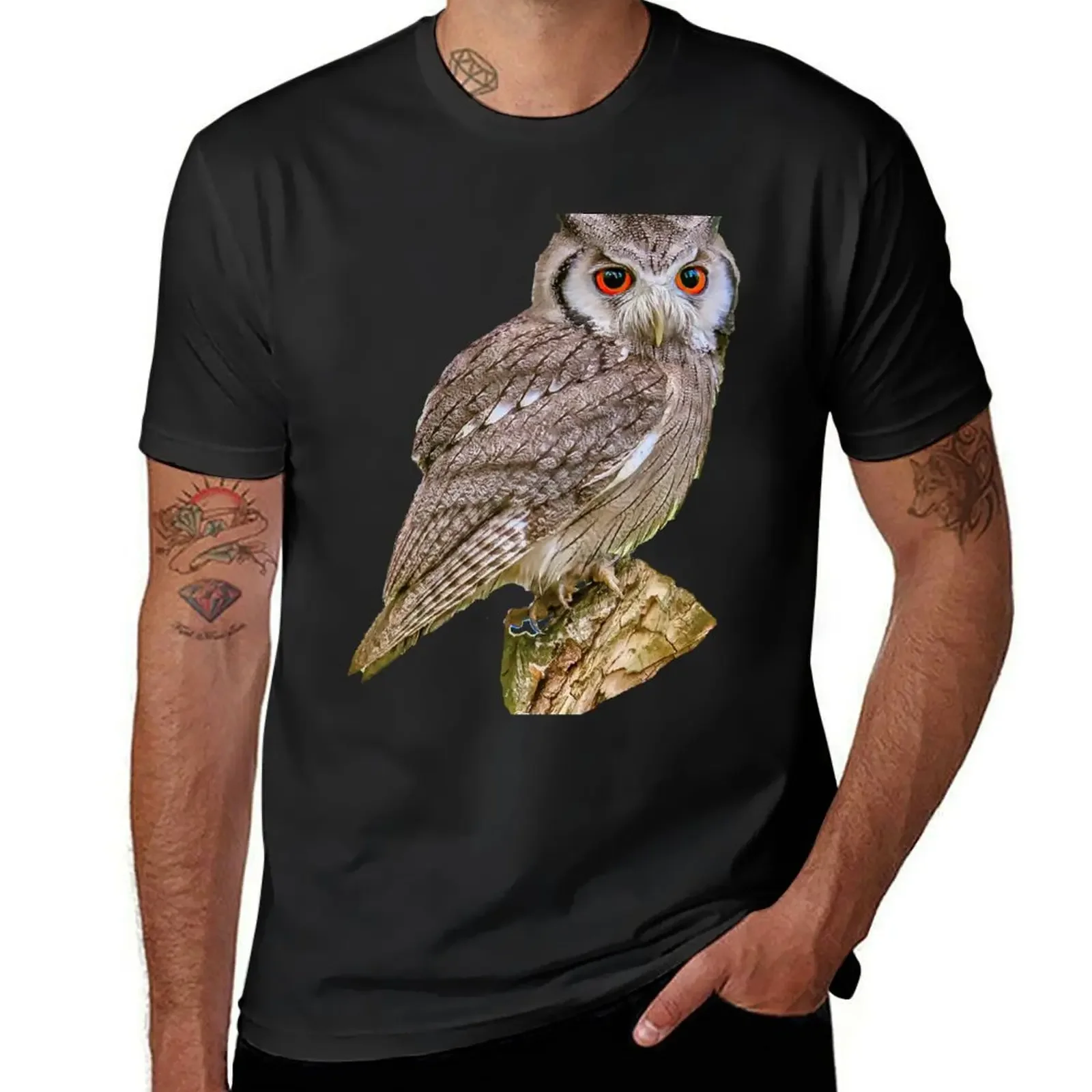 Southern white-faced Scops owl on a tree stump T-Shirt oversized t shirt graphic tee shirt Blouse blanks Men's t-shirt