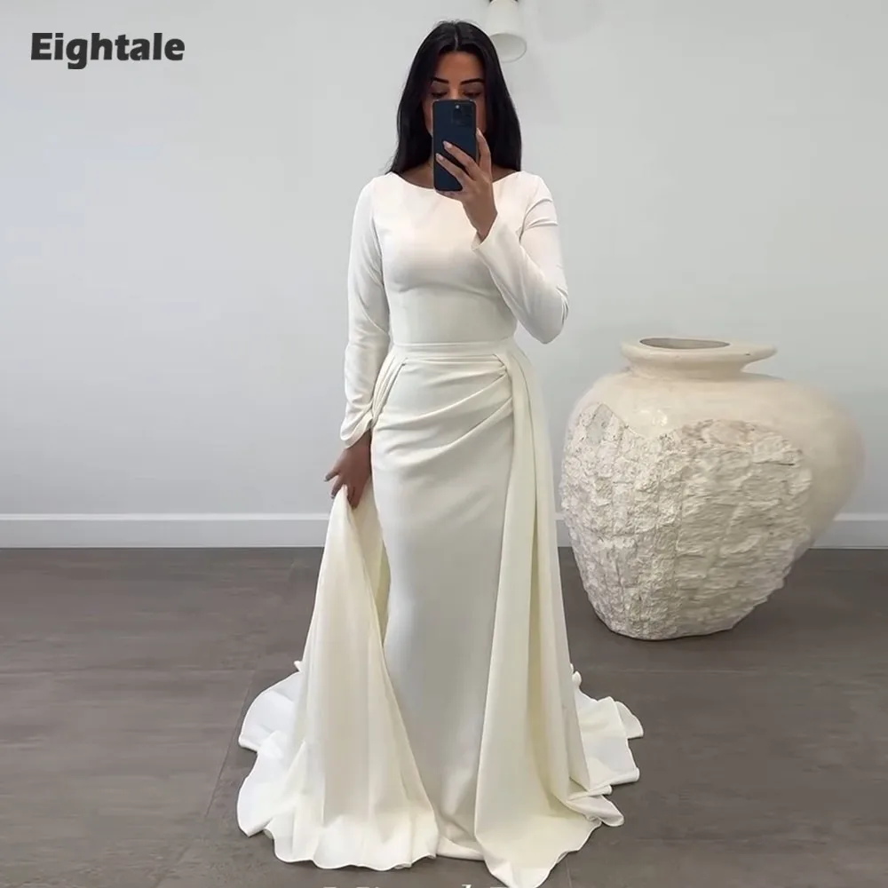 

Eightale Boho Wedding Dresses with Detachable Skirt O-Neck Customized Mermaid Bridal Gowns Long Sleeves Satin vestidos de novia