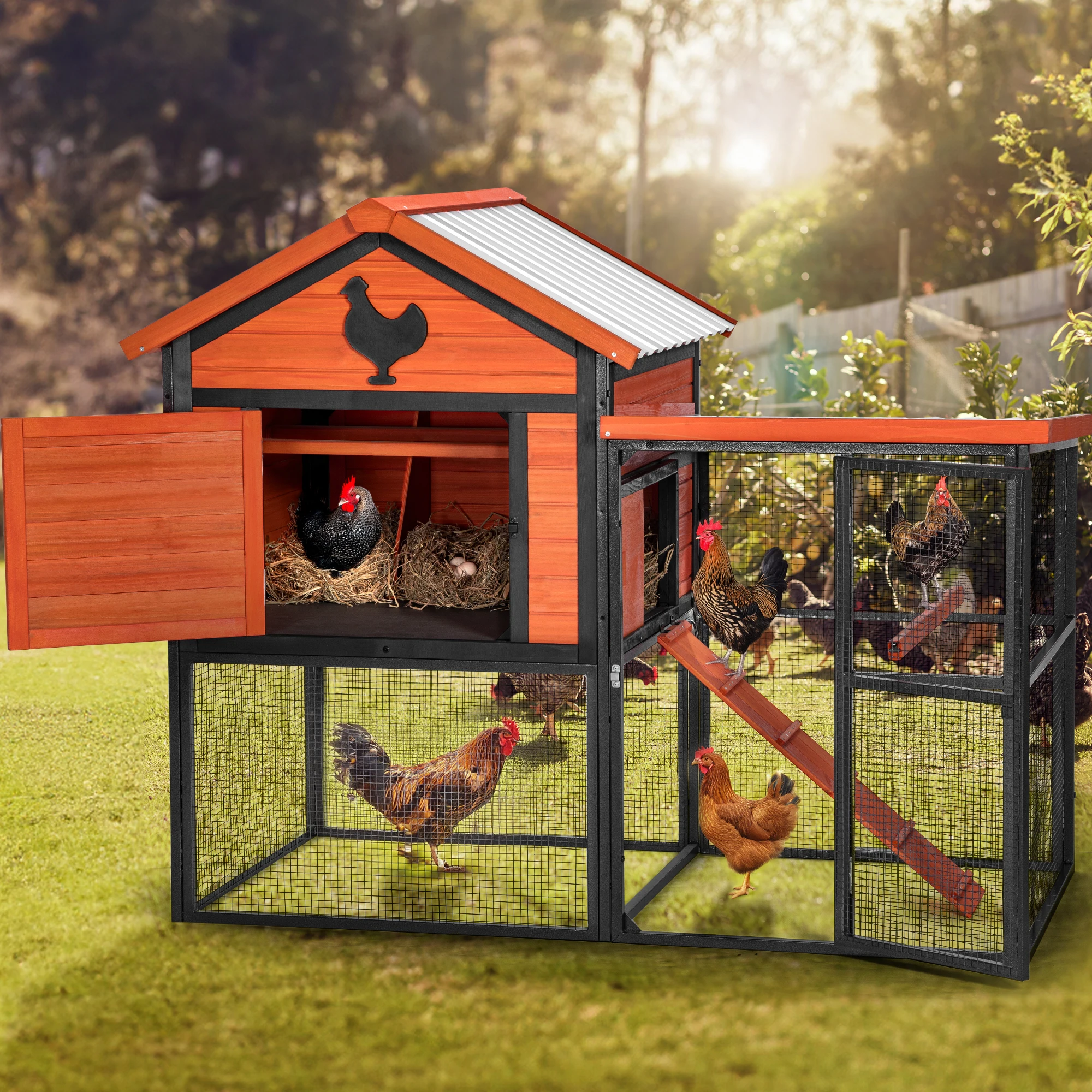 

Modern Durable Wood and Chicken Coop with Runway and Waterproof Roof, Suitable for 5-7 Chickens, Built-in Nesting Box
