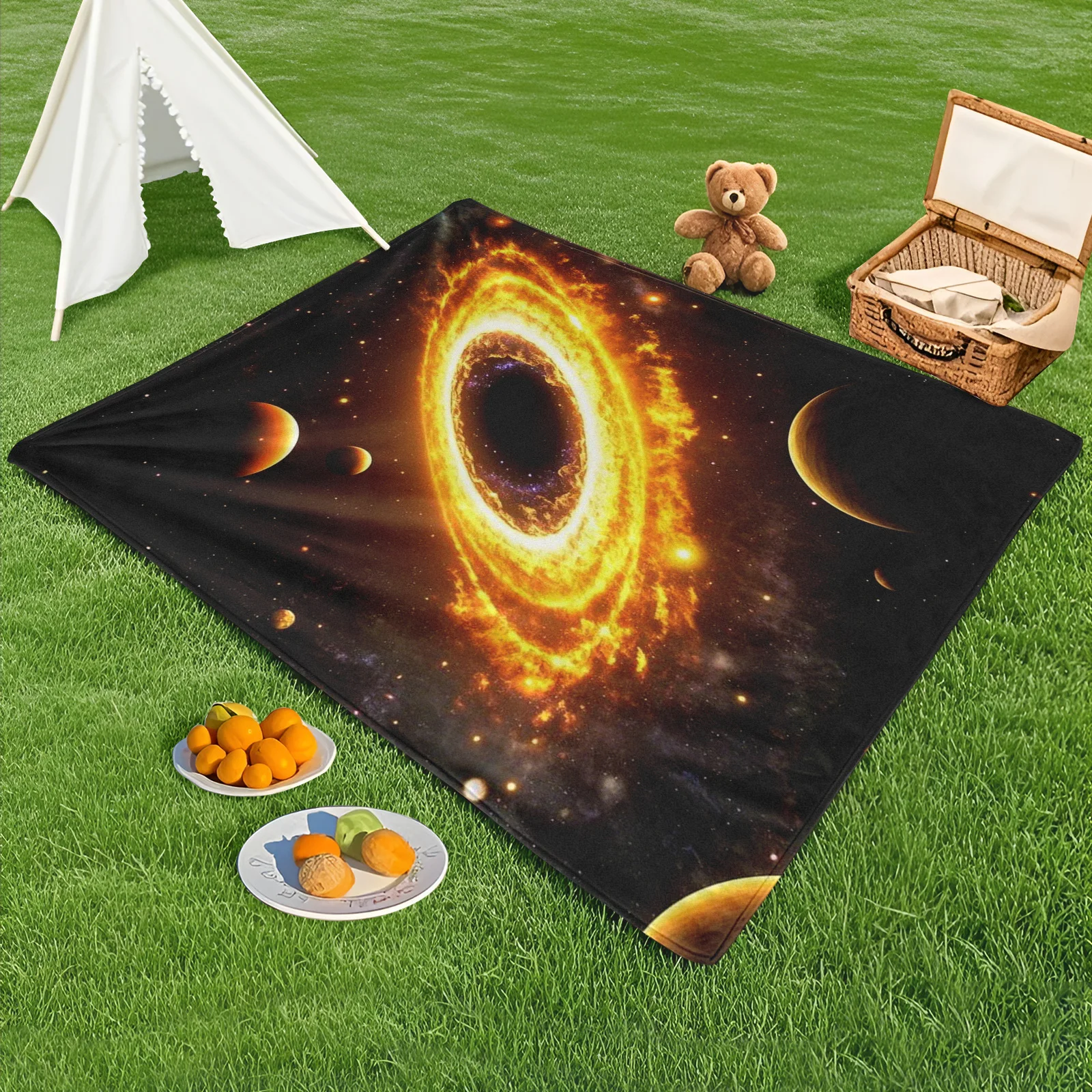 Galaxy And Yellow Planet Sci Fi Universe Themed Outdoor Blanket For Stargazing And Cosmic Exploration Under The Night Sky