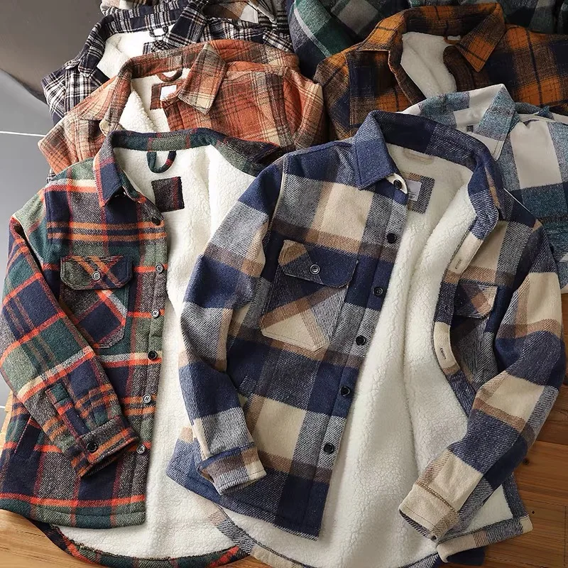 

Winter Thiened Lamb Velvet Collar Casual Warm Outerwear Plaid irt Men's Loose Fit Long Sve arp Collar Daily Wear