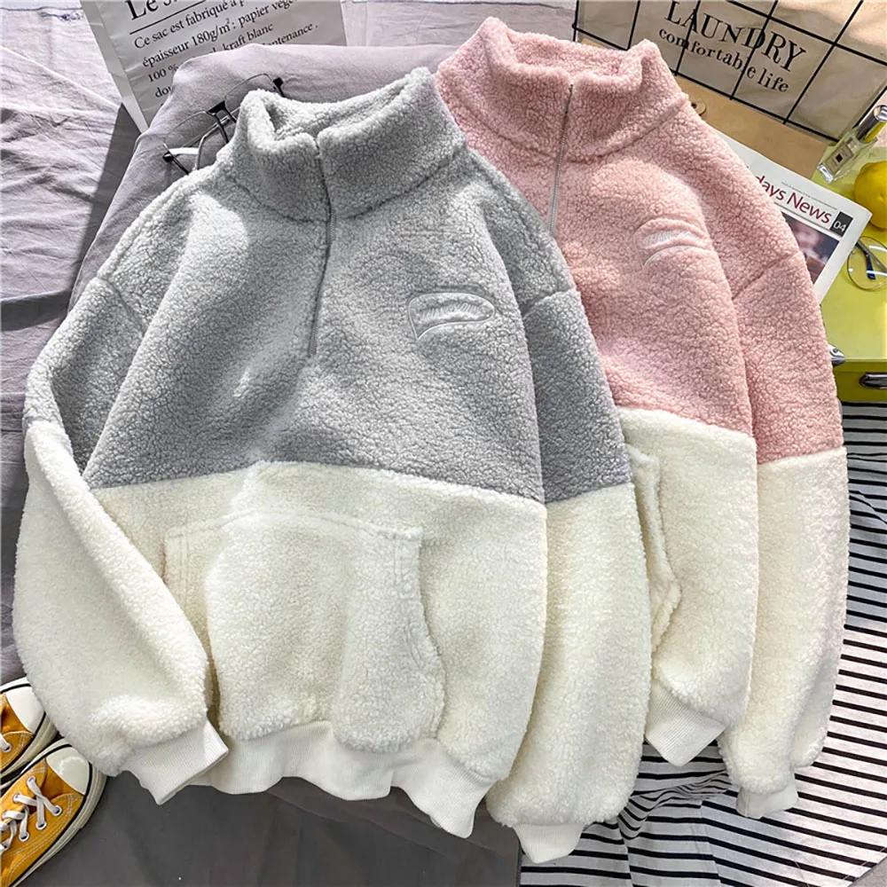 Lamb Fleece Stand Collar Half Zipper Pullover Hoodie For Women Autumn Winter Patchwork Long Sleeved Casual Loose Fleece Tops