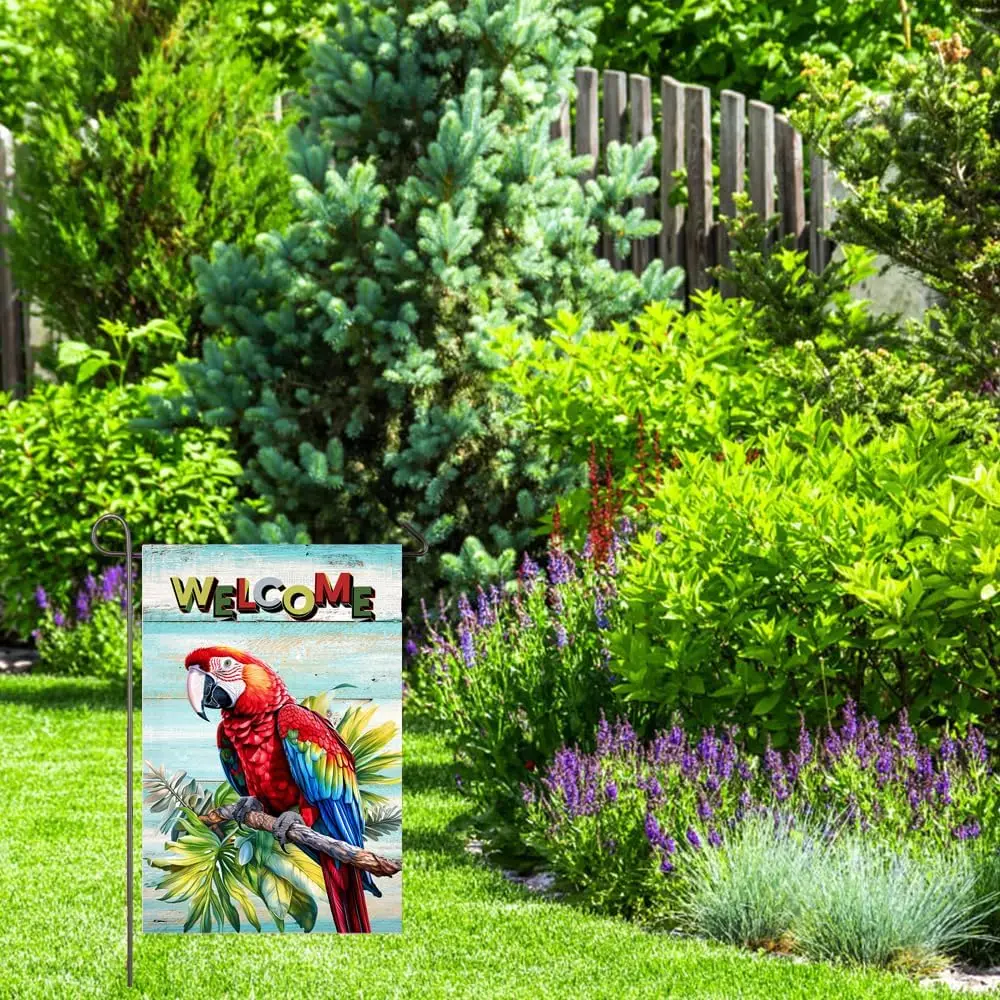 Summer Garden Flag Red Parrot Welcome Yard Flags for Outside 12x18 Inch Double Sided Tropical Plants Outdoor Decor Summer Bi uui