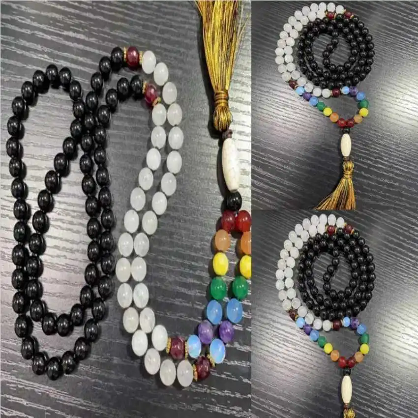 6mm black agate beads  white chalcone 7 chakra knot necklace Yoga Bohemian Gemstone Sacred wear Spiritual Tranquility Zen Prayer