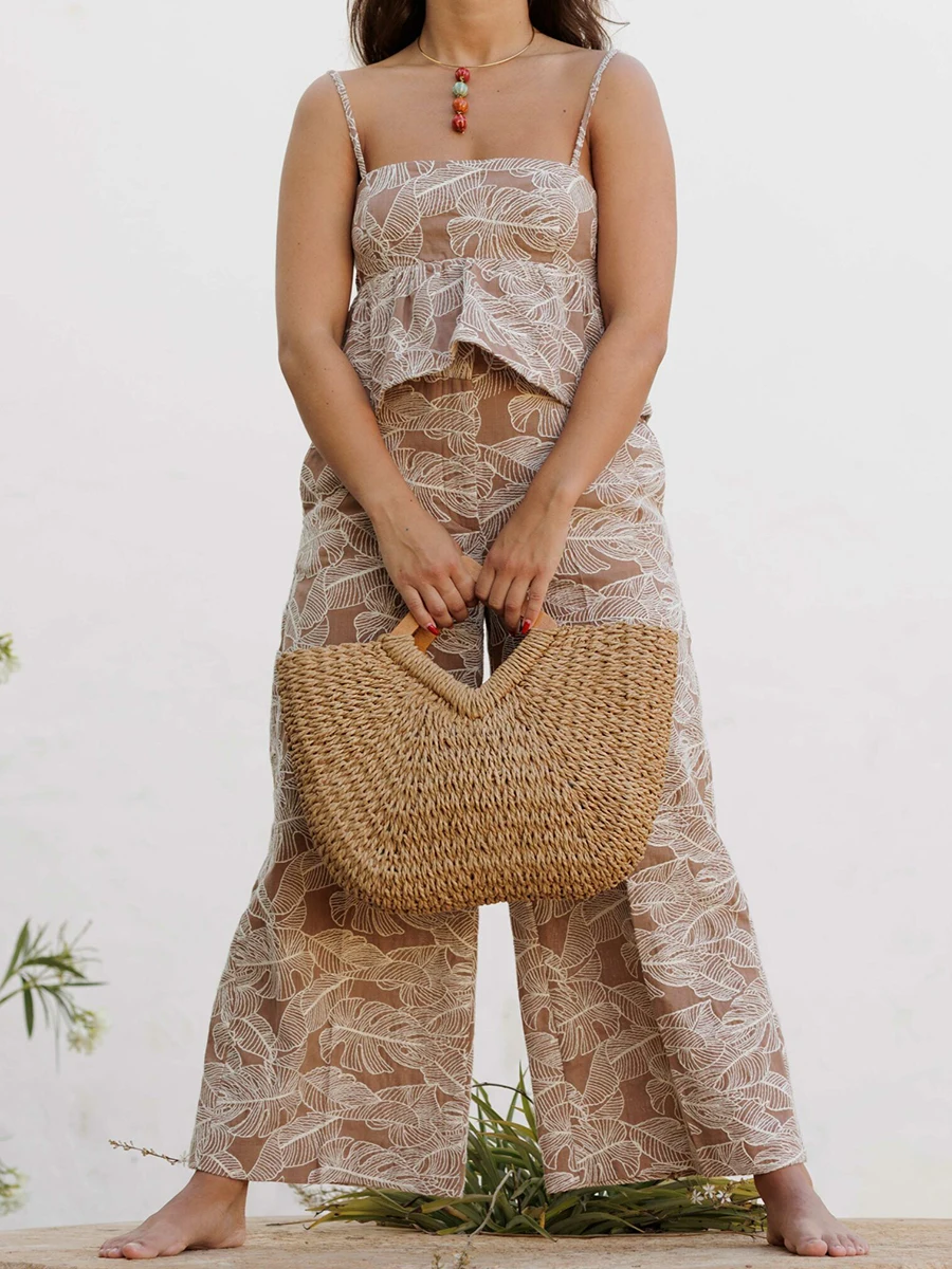 

Leafs Embroidery Ankle-length Pants Sets Women Summer Backless Sleeveless Crop Tank Tops+High Waist Wide Leg Pants 2 Piece Set