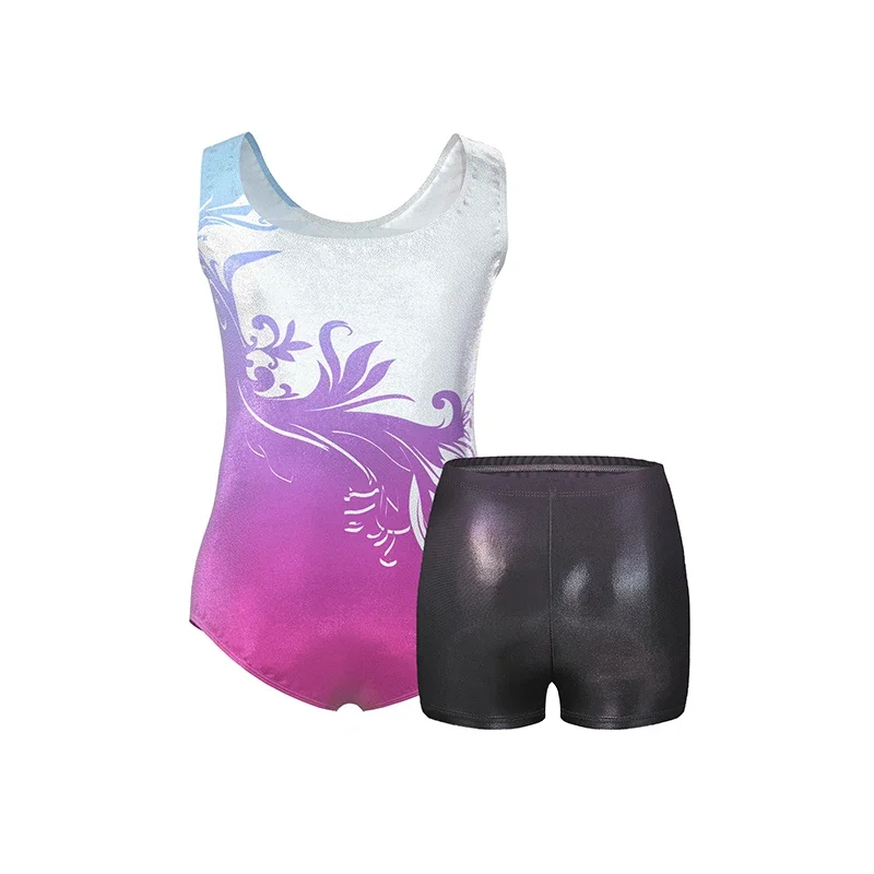 Leotards for Girls Gymnastics Shiny Sleeveless Floral Printed One Piece Tumbling Outfits with Shorts Hairband