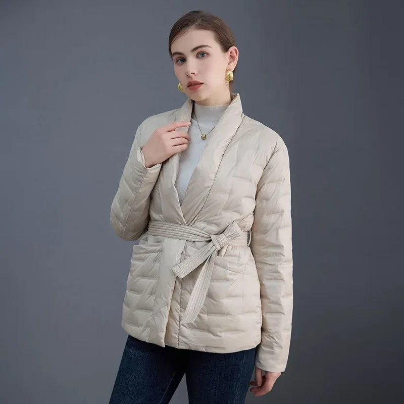 Kurtka puchowa damska jesienno-zimowa europejska, kardigan do pracy, dekolt w serek, kurtka z białego puchu kaczego.