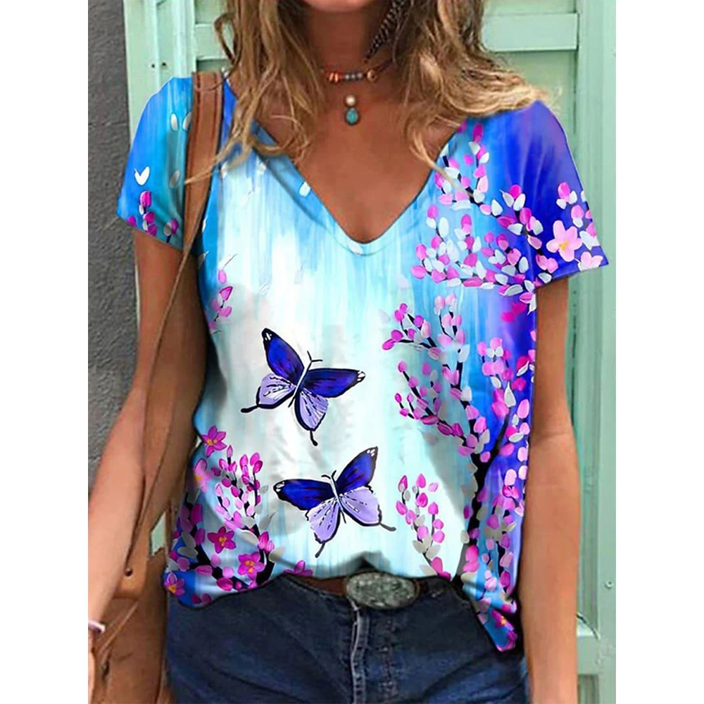 Women\'s T-shirts Fashion Tops V-neck Colorful Butterfly T Shirt Female Short Flowers Print Casual Tees Summer Oversized Clothes