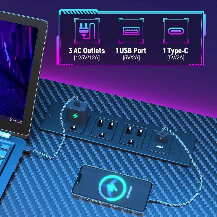 63 مكتب ألعاب مزود بمصابيح LED مدمجة ومنافذ كهربائية مدمجة ومكتب كمبيوتر يتميز بحامل شاشة تخزين للأدراج #6