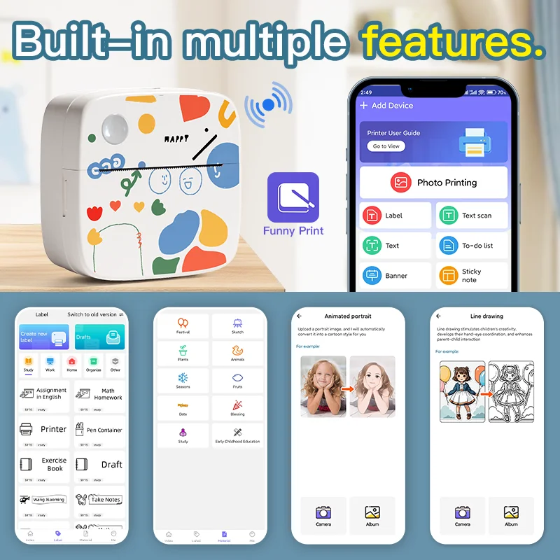 DOLEWA D2 落書きポータブルプリンタ感熱紙ラベルステッカー紙ワイヤレスラベルメーカープリンタ DIY 写真印刷用