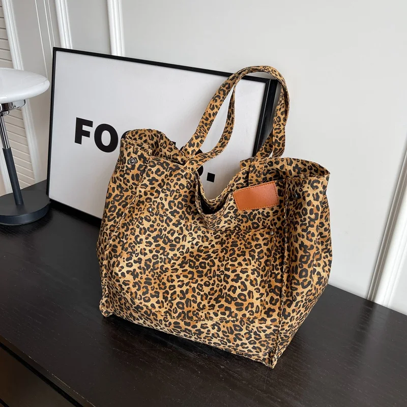 Leopard Pattern Tote Bag Vintage Canvas Shoulder Bag Fashion Big Capacity Handbag For School Work Shopping