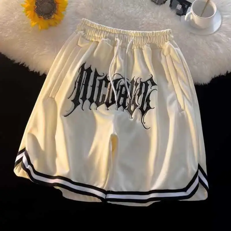 Summer 2024 Men\'s New Patchwork Elasticized High-waisted Embroidery Drawstring Pocket Fashion Solid Color Casual Sports Shorts