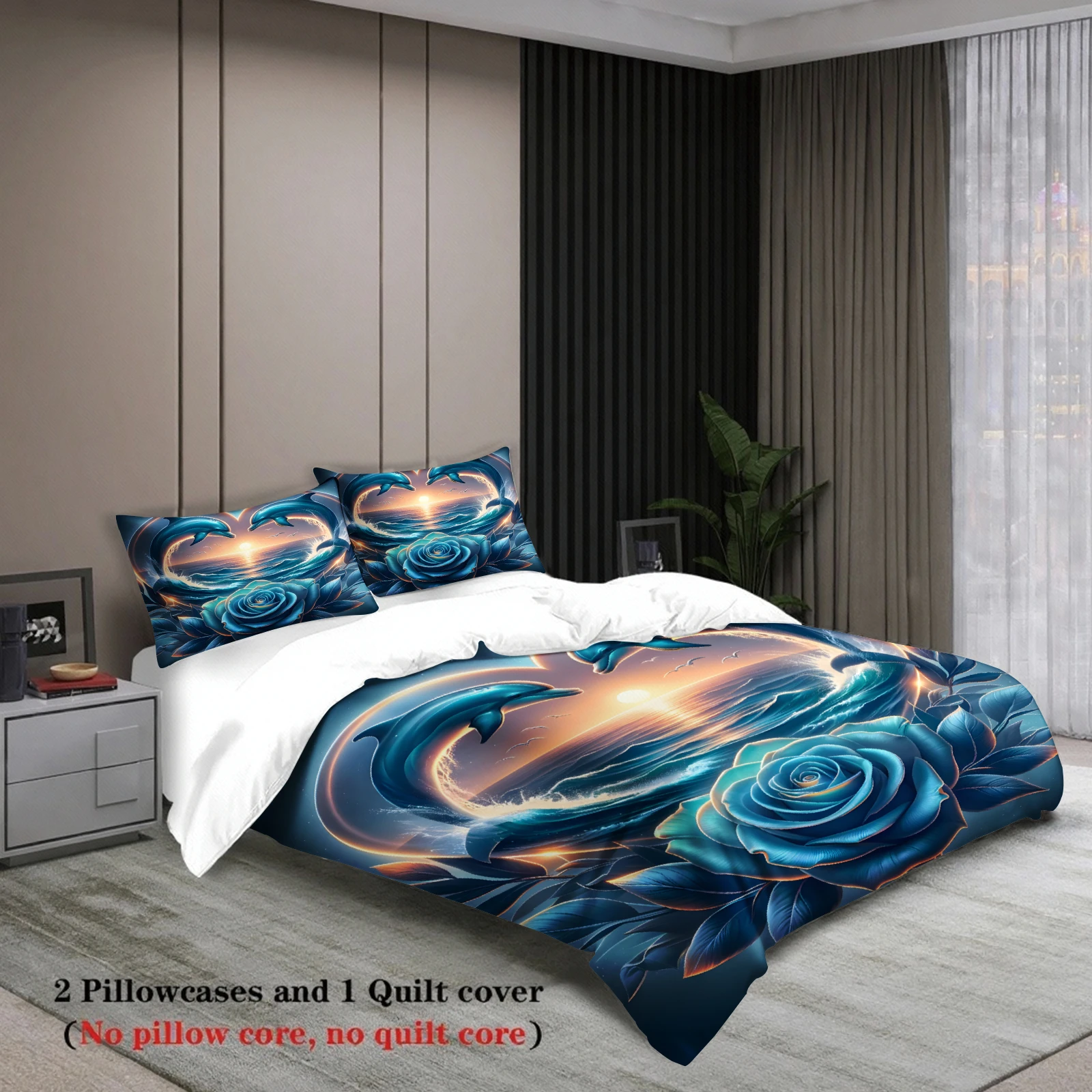 Dolphin Rose Bedding Set Blue Ocean Sunset Heart Pattern Bedding With Duvet Cover and Pillowcases For Bedroom