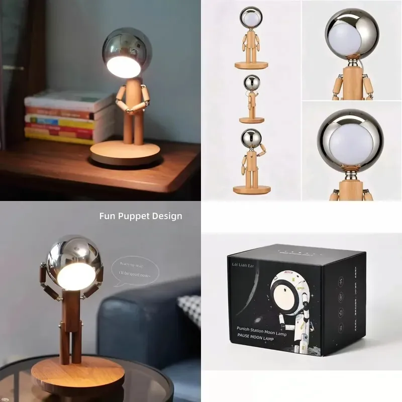 Gift idea: modern simple eye protection LED moon-shaped bamboo and wood desk lamp with wireless rechargeable battery,