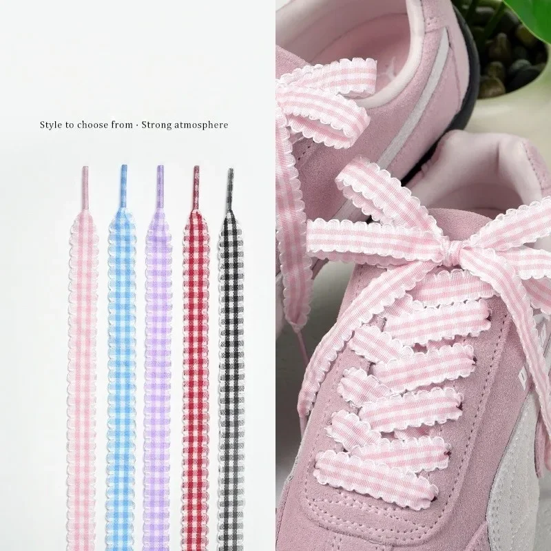 Sweet Plaid Gingham Shoelaces Wavy Ruffled Edge Ribbon Shoe Laces Multi Colors Decorative Strings Sneakers Canvas Casual Shoes