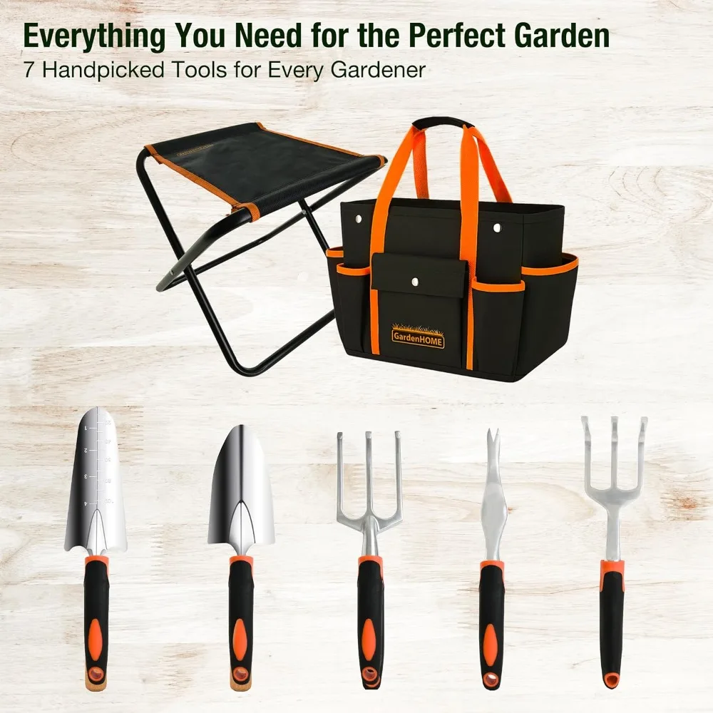 مجموعة أدوات حديقة من الفولاذ المقاوم للصدأ مكونة من 7 قطع مع مقعد قابل للطي وحقيبة حمل - مجموعة أدوات البستنة العملية للرجال والعمل في الفناء بنفسك