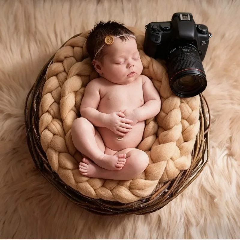 Newborn Baby Photography Props Braided Rope Basket Filler Photography Background Rug Blanket 신생아 사진 accessoire bébé ニューボーンフォト