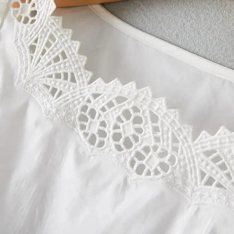 2023 Solid Color Lace Patchwork odzież damska lato nowy Hollow Out koszule z okrągłym dekoltem kobiety 3/4 rękaw swetry T-shirt