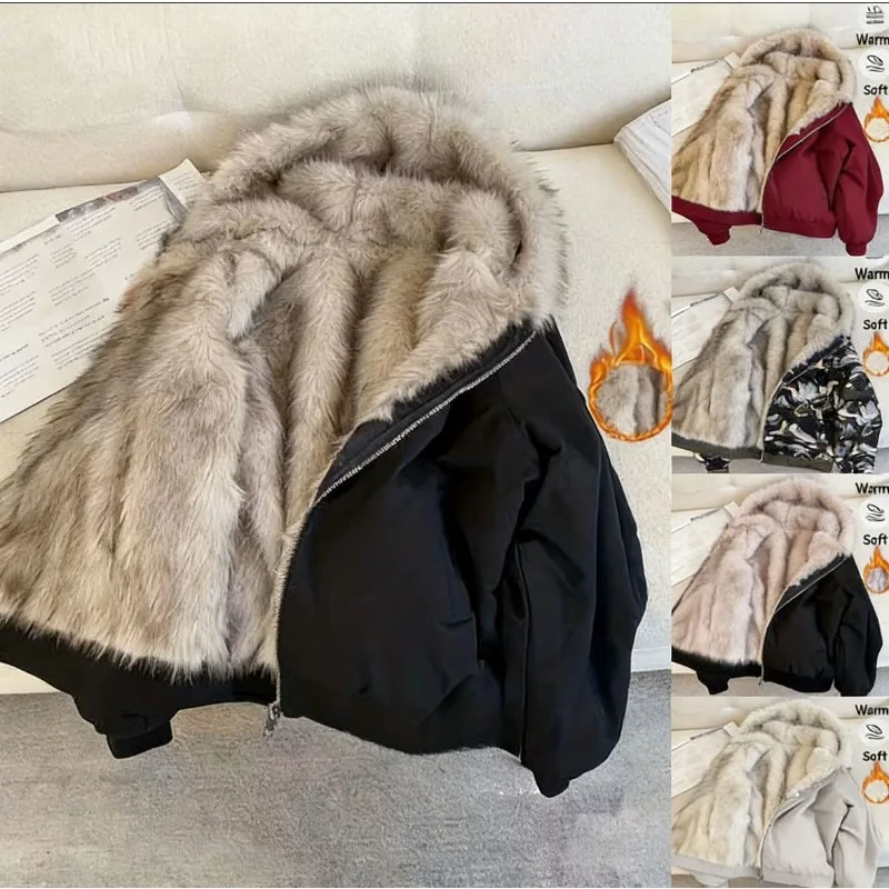 Black Retro Fluffy Cotton Jacket Sweater Collar Cotton Jacket Women's Winter Design Sense Loose Casual Chic Top Coats Winter
