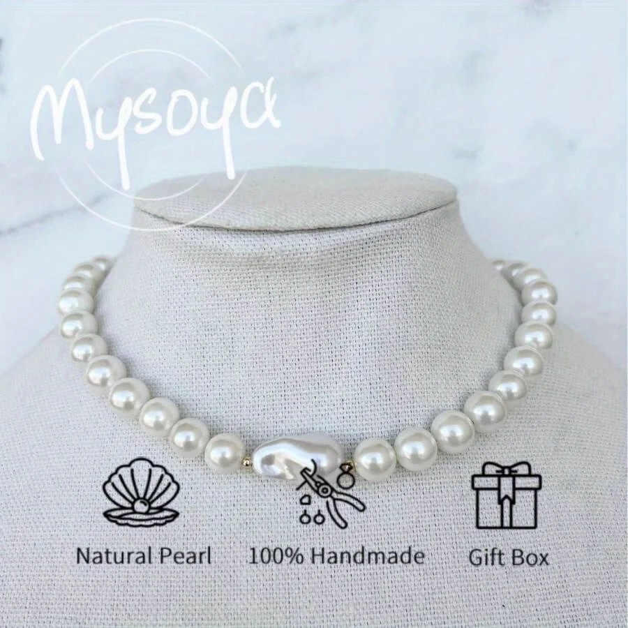 

MYSOYA 10-11mm Natural White Baroque Freshwater Pearl Necklace For Women And Men With Gift Box Birthday Wedding Anniversary Gift