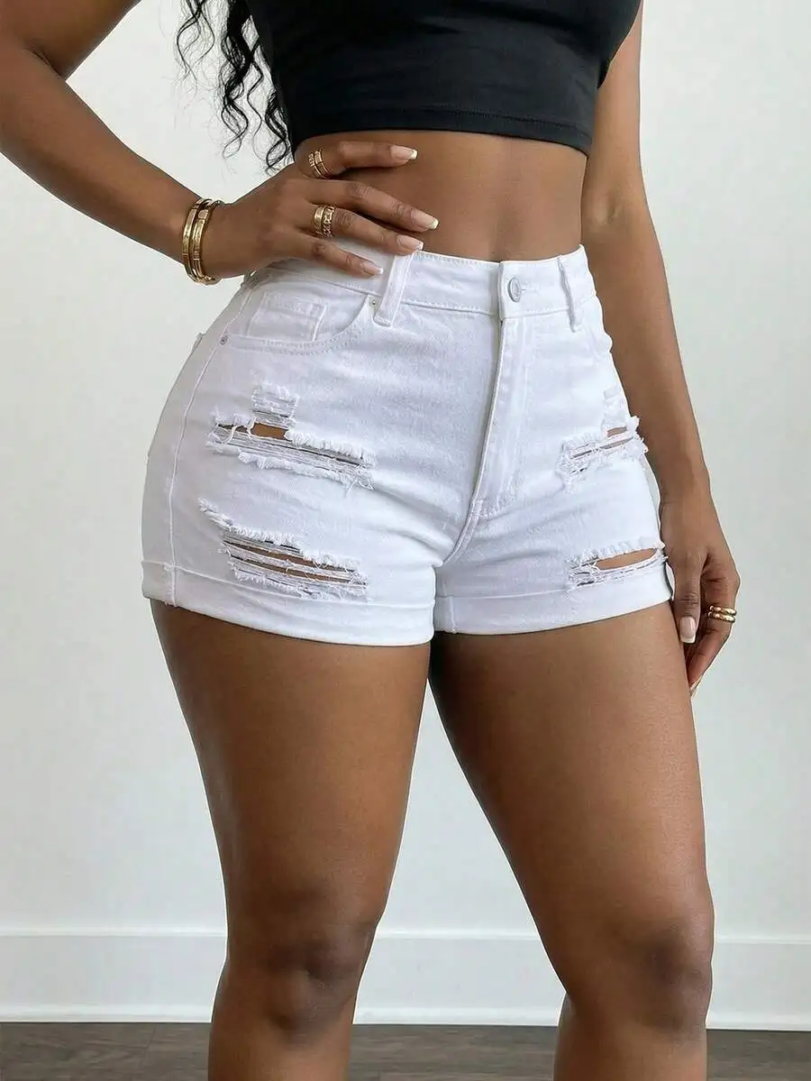 

Womens Ripped High Waist Denim Shorts Stretch Distressed Casual Summer Streetwear