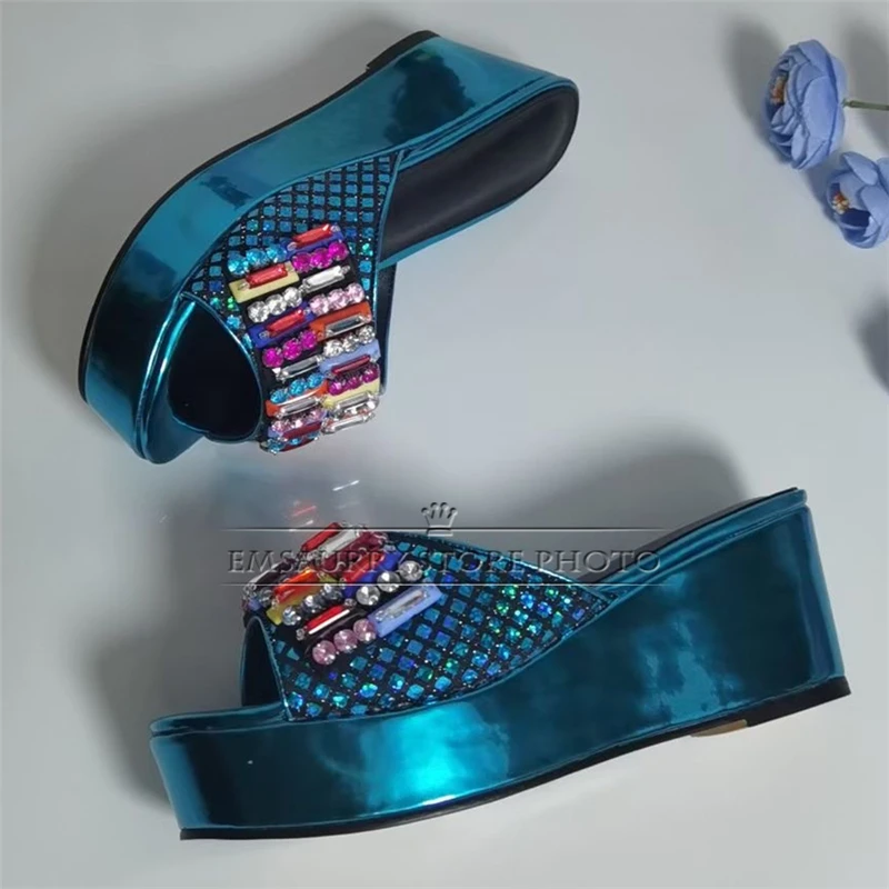 Colorful Rhinestone Diamond Decor Women Sandals High Platform Wedges Luxury Patent Leather Slingbacks Summer Mules