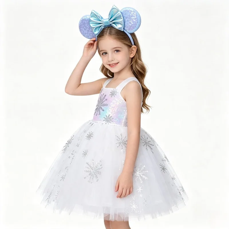 Theeper Halloween White Girls Sweet Sparkly Snow Printed Princess Dresses for Kids Christmas Ballet Tutu Outfit with Hairband