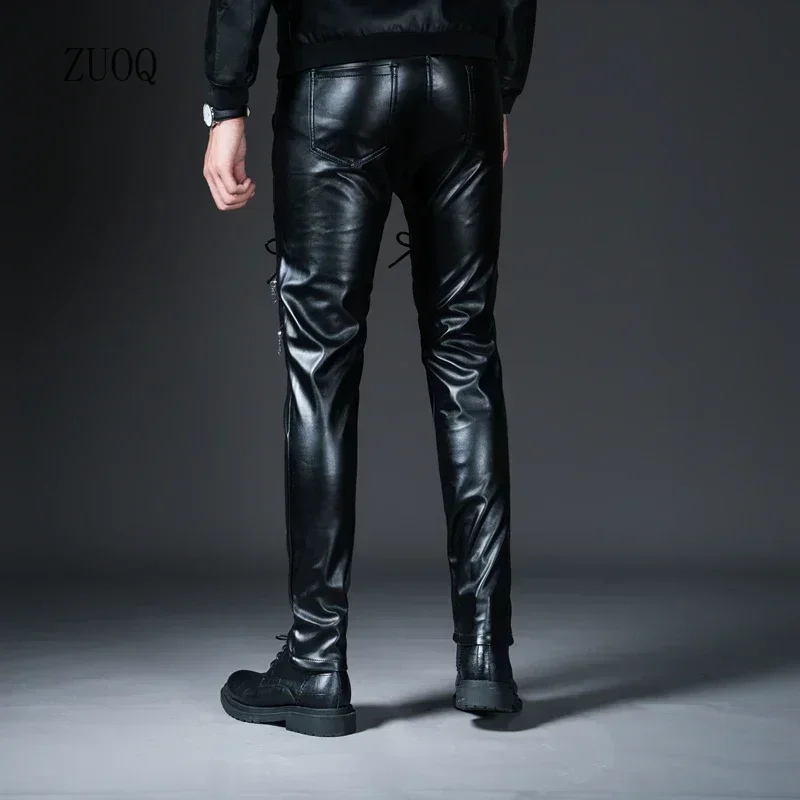 New Winter Spring Mens Skinny Biker Faux Leather Pants Fashion Motorcycle Trousers for Male Trouser Stage Club Wear