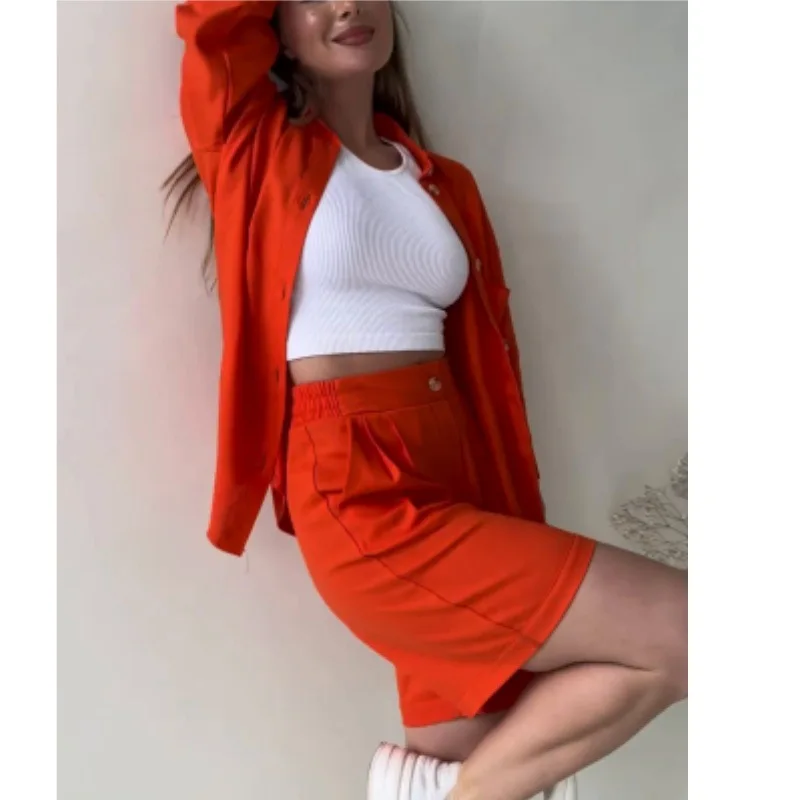 

Fashion loose long-sleeved top casual high-waisted shorts two-piece set simple temperament elegant versatile high-end vacation p