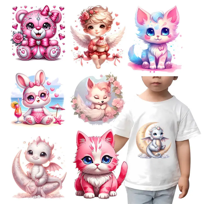 Pink animals Heat Transfer Iron On Patches flower Iron on transfer for children clothing transfers ready to press Printing