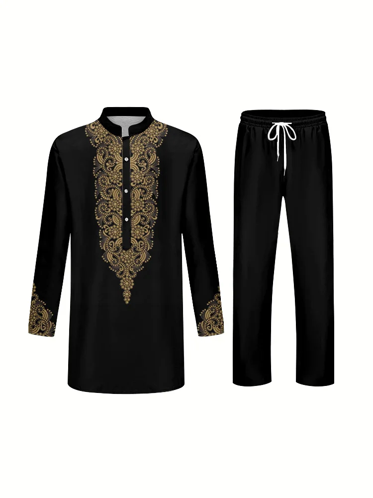 Casual Trendy Mens Suit Long Sleeve Blouson Collar Shirt and Trousers Gorgeous 3D Printed Two Piece Set Religious Culture