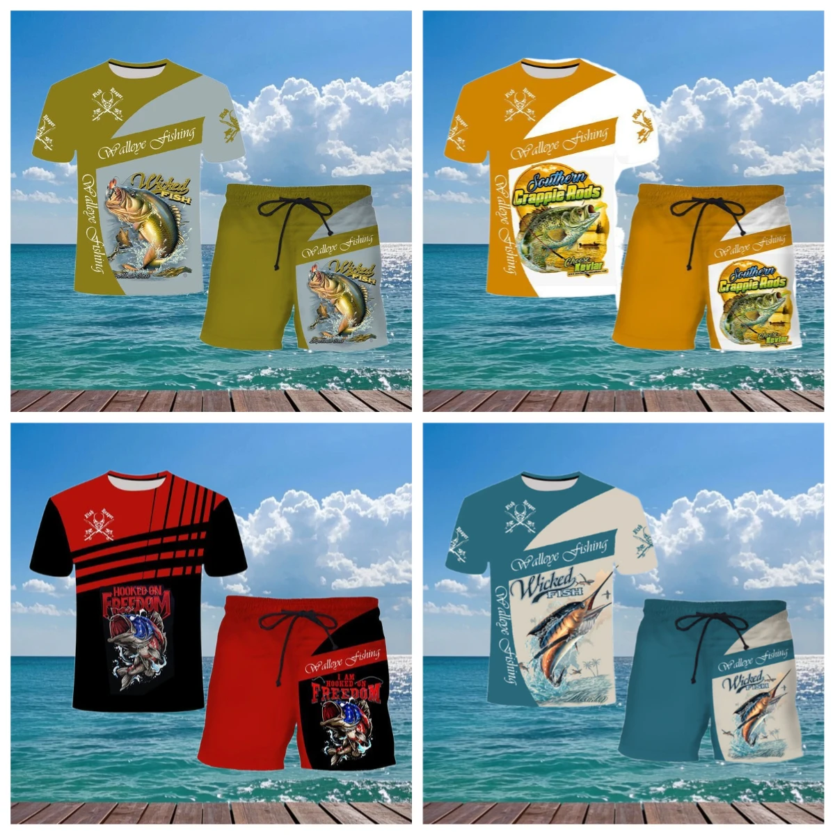 

Men's Outdoor Fishing Print Shorts 2Pcs Sets Vintage 3D Print Two Piece Suit O-neck T-shirt Fashion Loose Sweatshirt Men Clothes