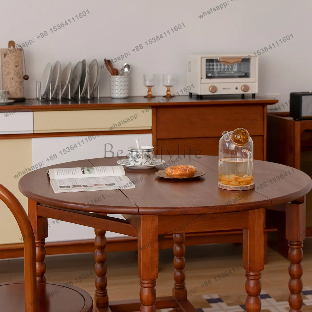 

yj9 All solid wood dining table invisible foldable round table cherry wood French vintage color vintage style