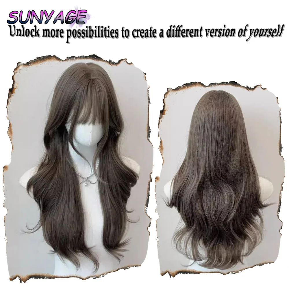 Sunyage perucas sintéticas longas, cinza, marrom, cabelo ondulado, com franja, uso diário, cabelos de fibra natural, roupa de festa para meninas e mulheres