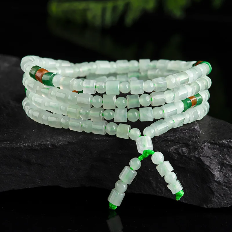 Natural Myanmar Jadeite-Color Beads Bead Necklace GlutinousJade Sweater Chain Women's Three-Ring Brace