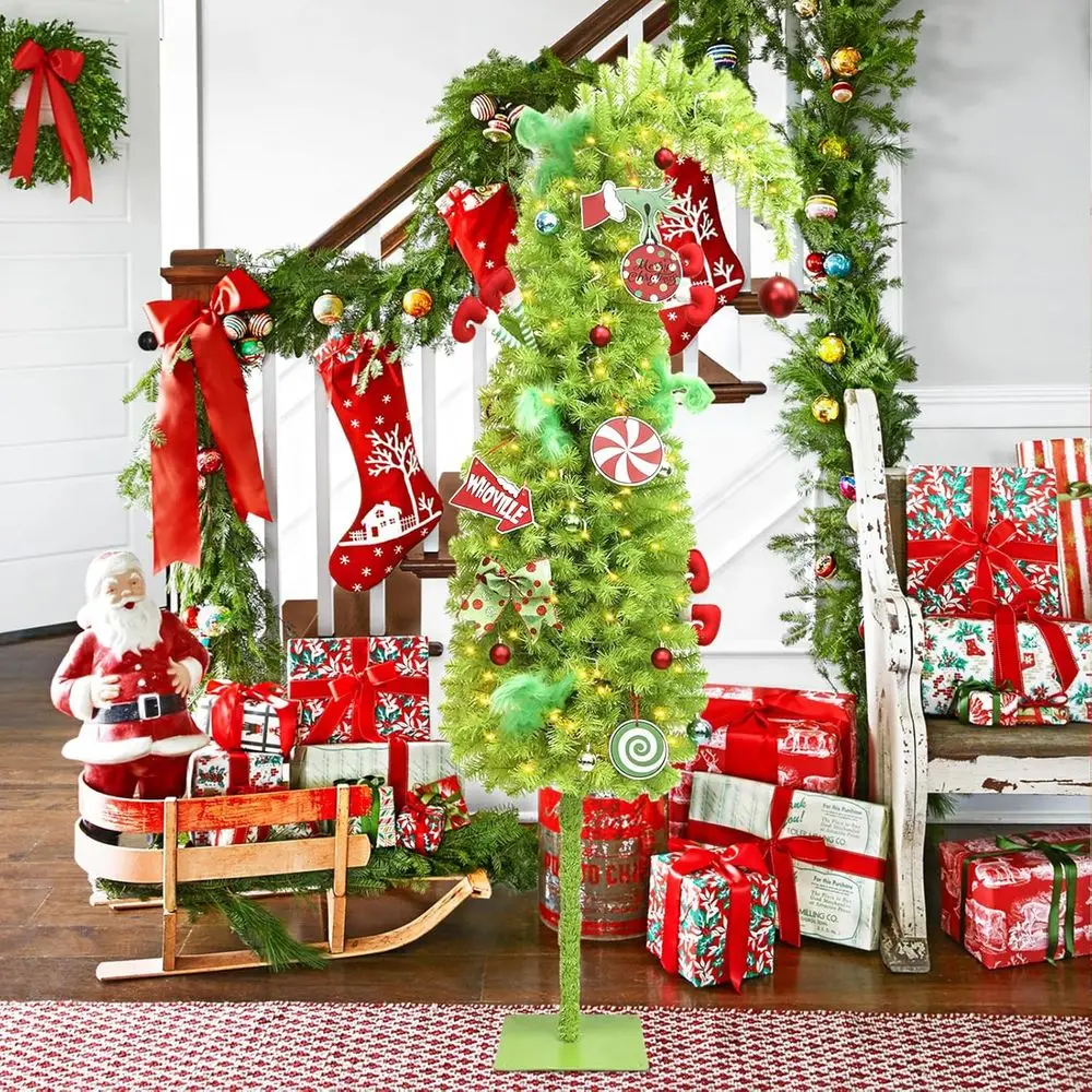 شجرة عيد الميلاد الخضراء الليمونية غريب الأطوار، بطول 6 أقدام مع 150 مصباح مؤقت LED، كرات وزخارف، شجرة أقلام صناعية قابلة للانحناء لـ #3