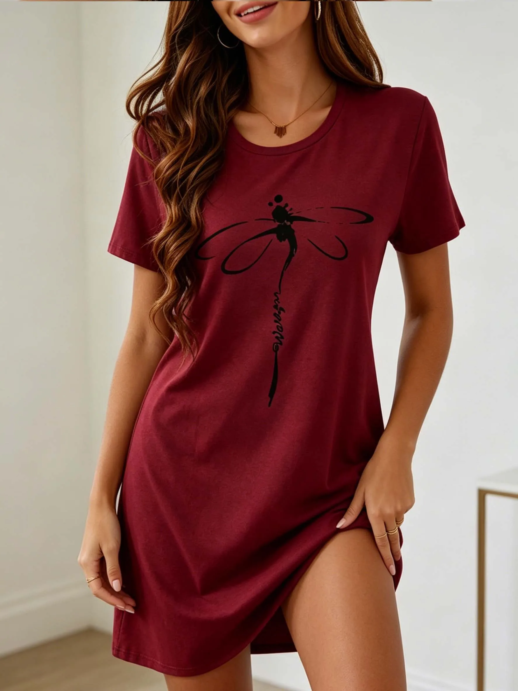 Lässiges Kurzarm-Nachthemd mit Libellen-Print für Damen, Modische Sommer-Heimkleidung, Auch für Draußen Tragbar – Detail 1