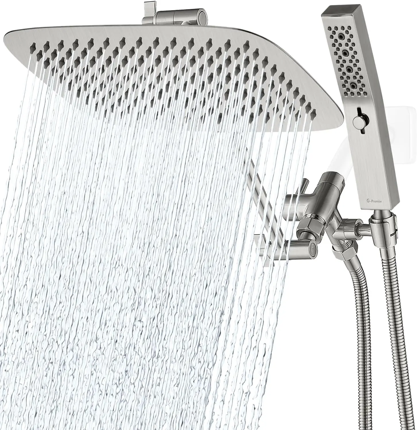 

G-Promise All Metal 12" Dual Shower Head Combo Rain Handheld Shower Wand |Adjustable Extension Arm Smooth 3-Way Diverter