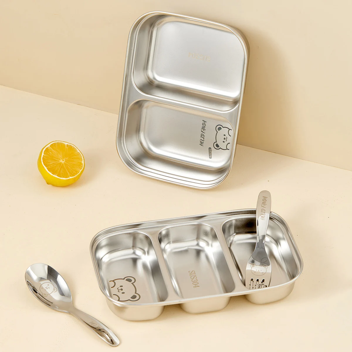 WORTHBUY 2/3 شبكات 304 طبق عشاء من الفولاذ المقاوم للصدأ طبق طعام متين مقصف طبق طعام سعة كبيرة للأطفال الطلاب #5