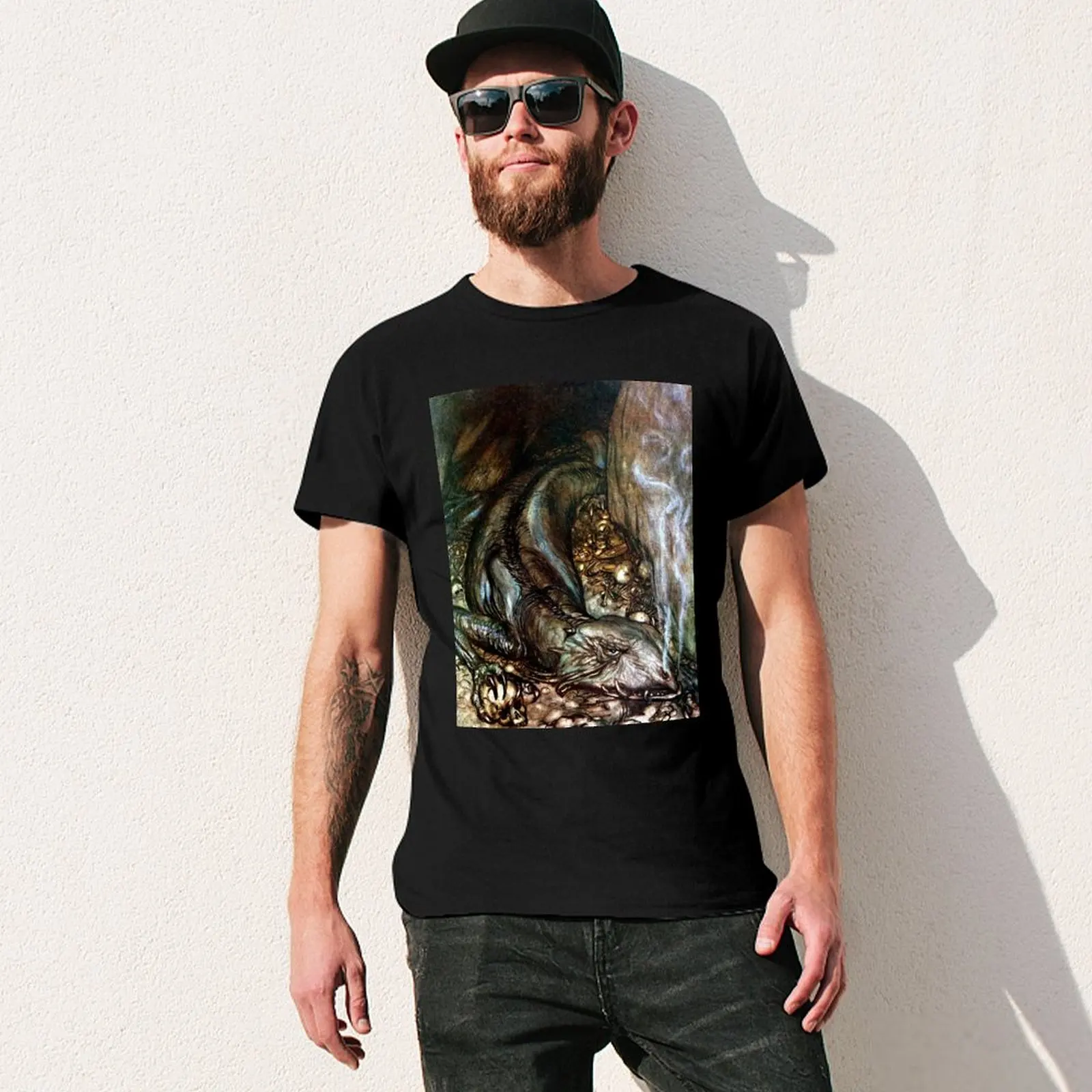 Fafnir the Dragon - Arthur Rackham - Siegfried and the Twilight of the Gods تي شيرت طبعة جديدة تي شيرت للرجال