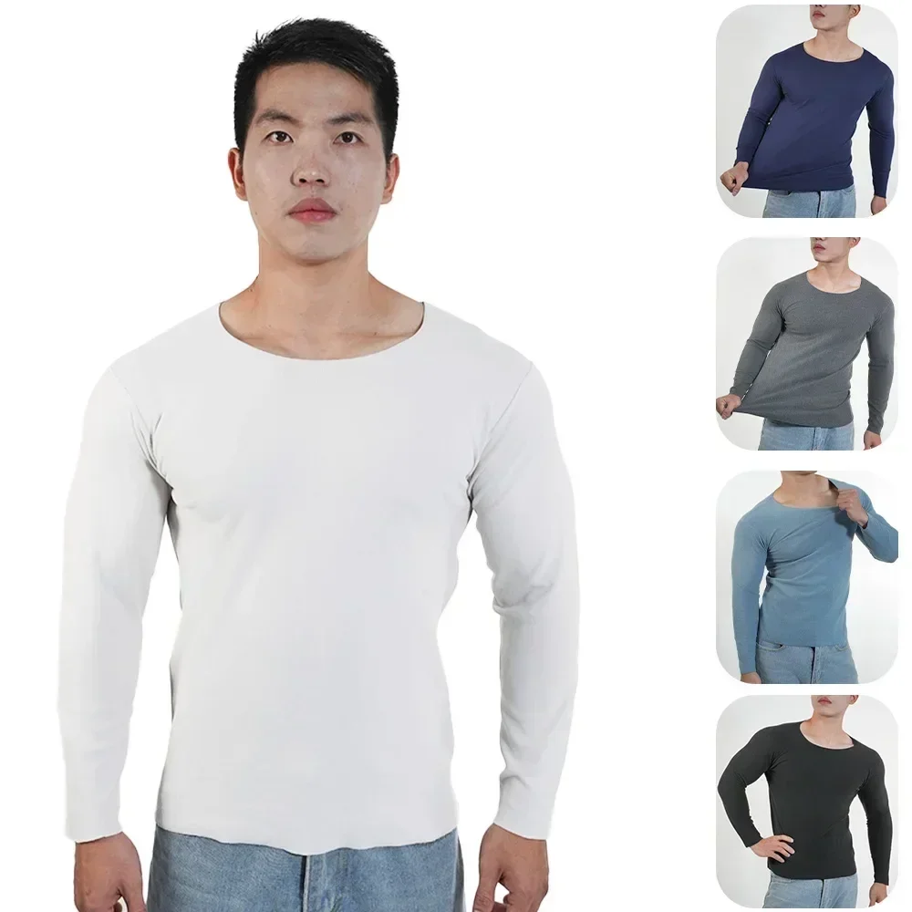 1PC Traceless Thermal Underwear Mens Winter Fleece O Neck Long Sleeve Base Layer Tops Plus Size Thin Slim Fit Heater T Shirt